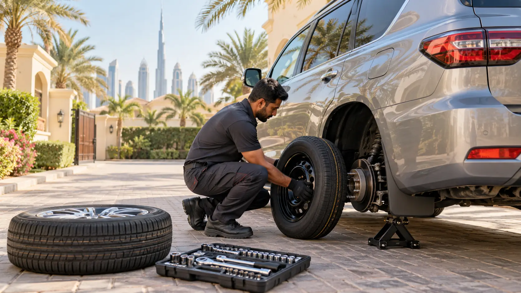 Mobile tyre service at villa Dubai