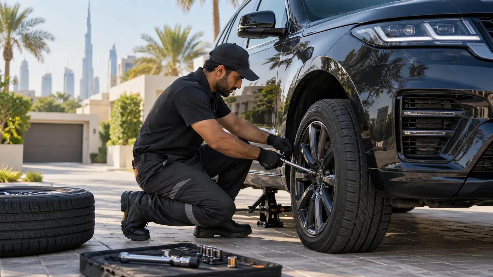 Professional tyre technician working on a car in Dubai