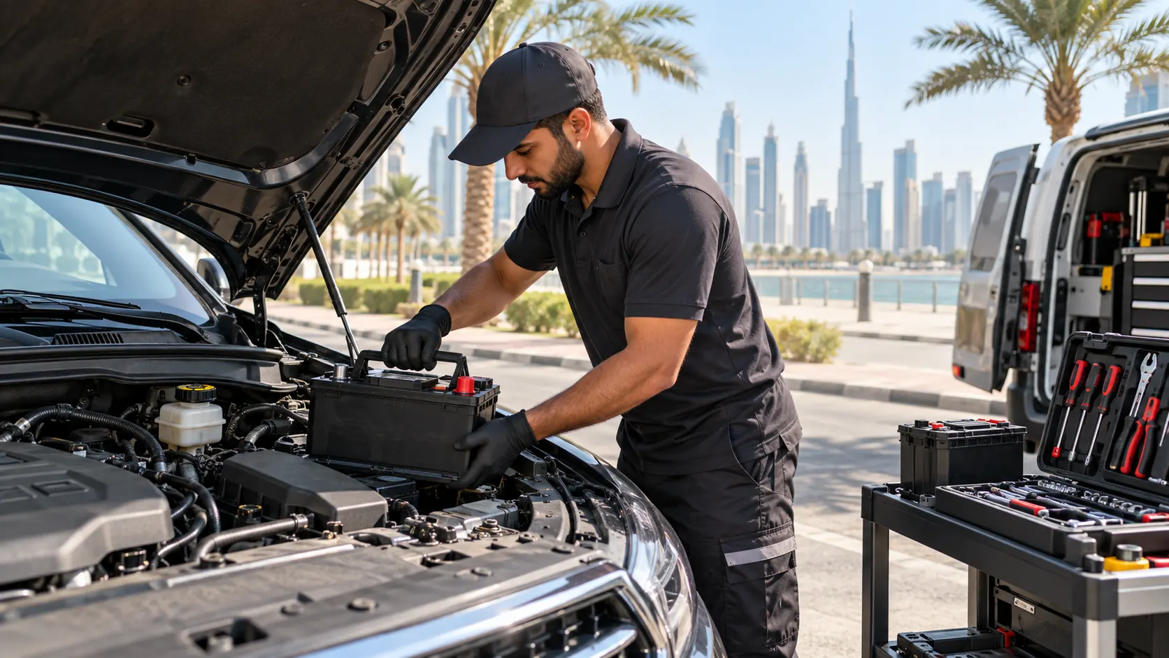 Roadside battery service Dubai skyline