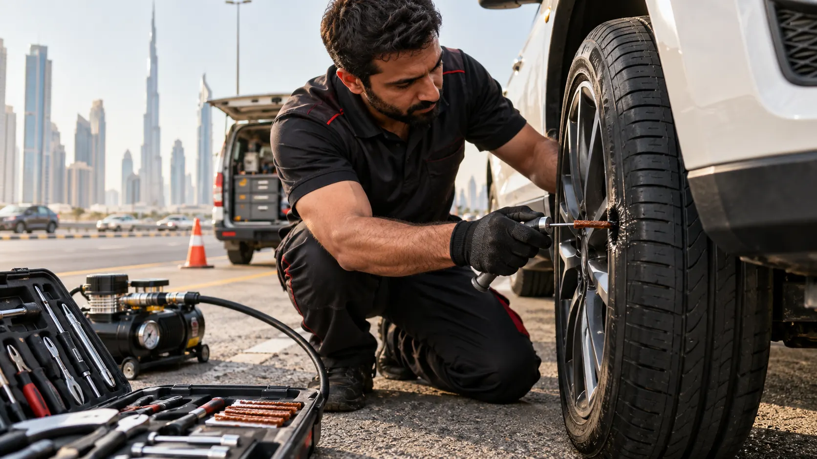 Roadside tyre repair Dubai cityscape